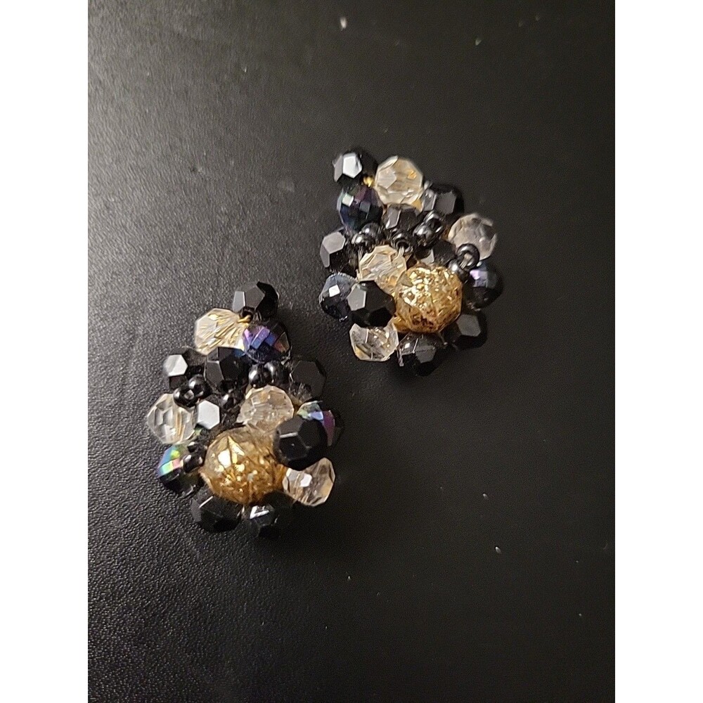 Vtg Black Bead Cluster Earrings Hugger Clip On West Germany Tear Drop AB Huggie